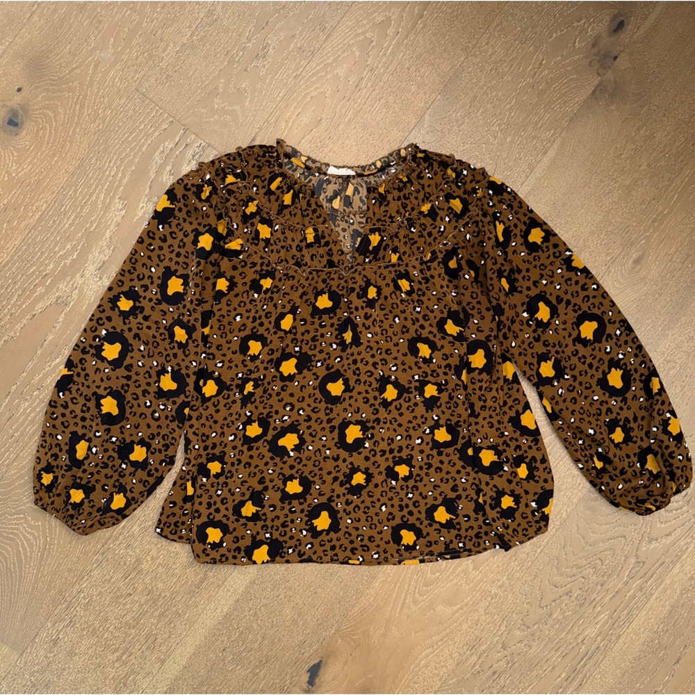 Entro Leopard Print Ruffle V-Neck Balloon Sleeve Blouse Brown Yellow Large